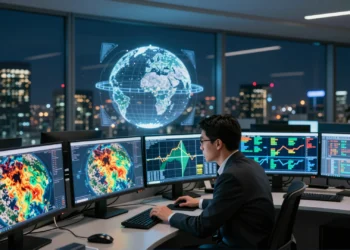 Analista corporativo estudiando imágenes satelitales de la NASA con datos de incendios, inundaciones y agricultura