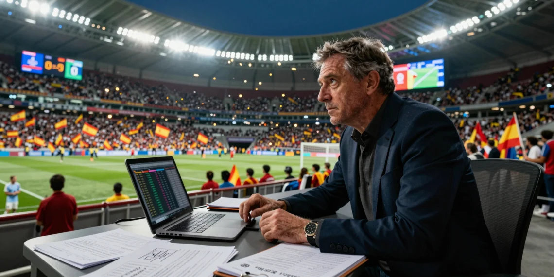 España campeona y Portugal eliminado en grupos: un analista humano predice cada partido del Mundial 2026 1 Analista de fútbol con estadísticas en un estadio repleto con banderas de España durante el Mundial 2026