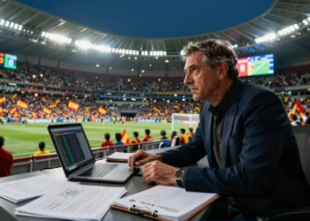 Analista de fútbol con estadísticas en un estadio repleto con banderas de España durante el Mundial 2026