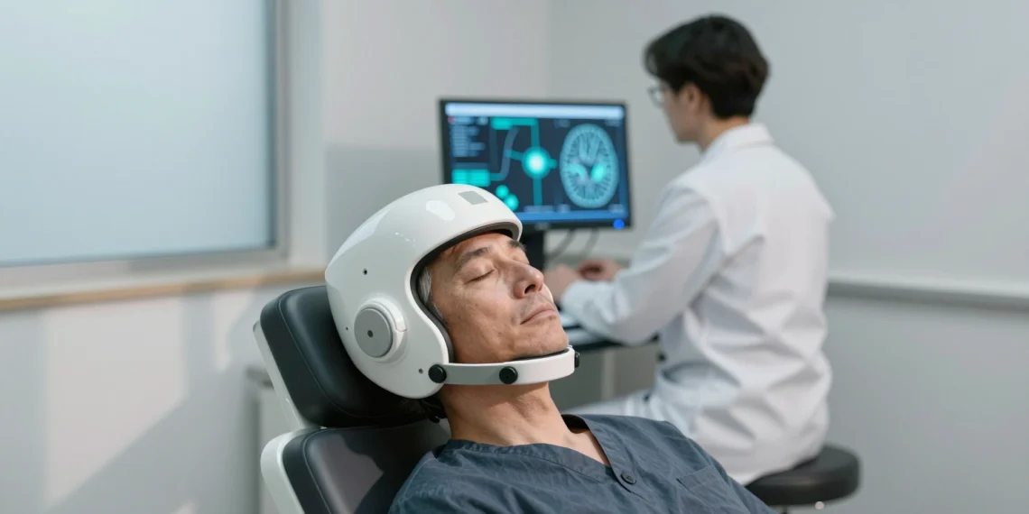 Cinco días en lugar de seis semanas: la nueva técnica de estimulación cerebral que reescribe los datos de remisión en depresión resistente 1 Paciente con dispositivo TMS en clínica de neurociencia durante sesión de estimulación cerebral para depresión resistente