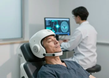 Cinco días en lugar de seis semanas: la nueva técnica de estimulación cerebral que reescribe los datos de remisión en depresión resistente 1 Paciente con dispositivo TMS en clínica de neurociencia durante sesión de estimulación cerebral para depresión resistente