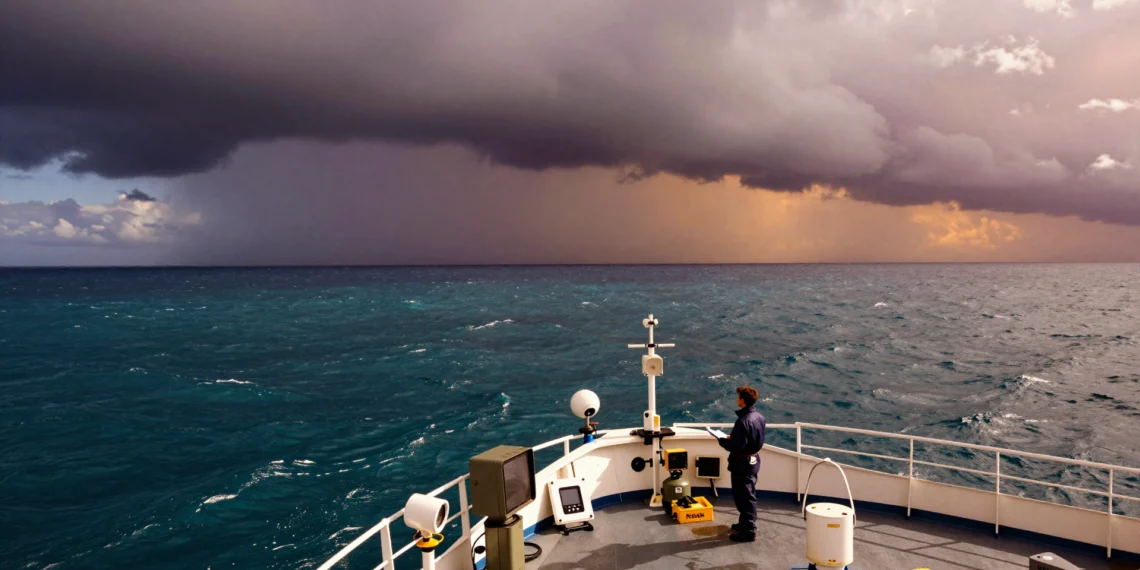 Décadas de registros climáticos podrían quedar atrás si el actual El Niño alcanza la categoría de «super» antes de 2026 1 Científico en buque NOAA observa el Pacífico ecuatorial cálido bajo cielos tormentosos durante un evento El Niño