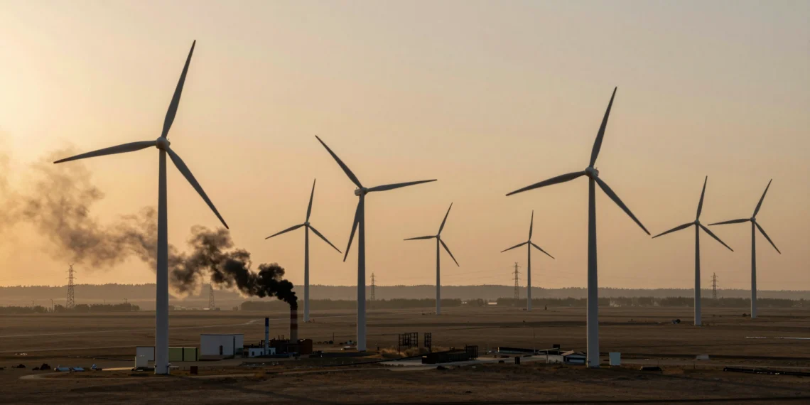 China instaló más energía eólica y solar que nunca, y aun así sus emisiones de CO₂ subieron un 2% 1 Parque eólico chino al atardecer con turbinas blancas y humo negro de central de carbón al fondo