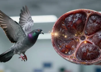 Décadas buscando el sexto sentido de las palomas, y la respuesta estaba escondida en su hígado 10 Paloma mensajera en vuelo junto a corte transversal del hígado con partículas de hierro que explican su sentido magnético