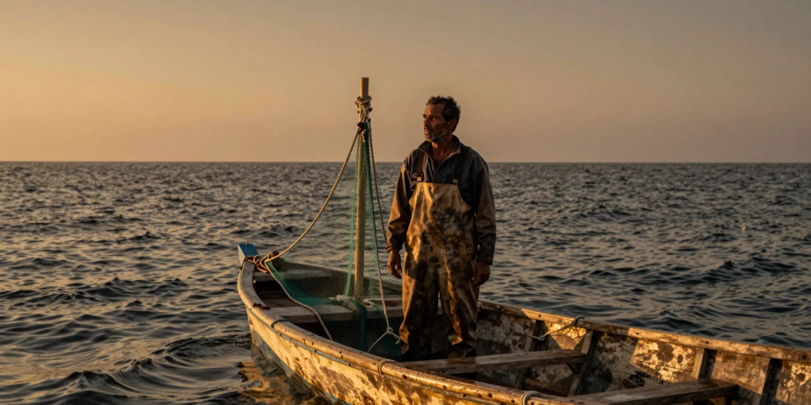 El mar que alimenta a 3.000 millones de personas está cambiando más rápido de lo que la industria pesquera puede soportar 1 Pescador envejecido en barca de madera contempla el horizonte vacío en un océano turbulento al atardecer