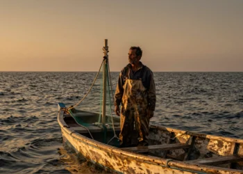 El mar que alimenta a 3.000 millones de personas está cambiando más rápido de lo que la industria pesquera puede soportar 9 Pescador envejecido en barca de madera contempla el horizonte vacío en un océano turbulento al atardecer
