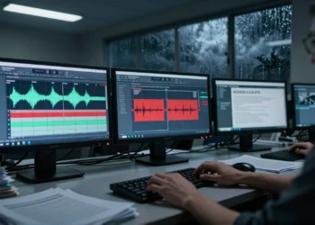 Audio manipulado, titular falso: cómo la prensa conservadora distorsionó lo que Al Gore dijo realmente sobre el ciclón Nargis 3 Sala de redacción nocturna con monitores que muestran titulares contradictorios y un audio manipulado resaltado en rojo