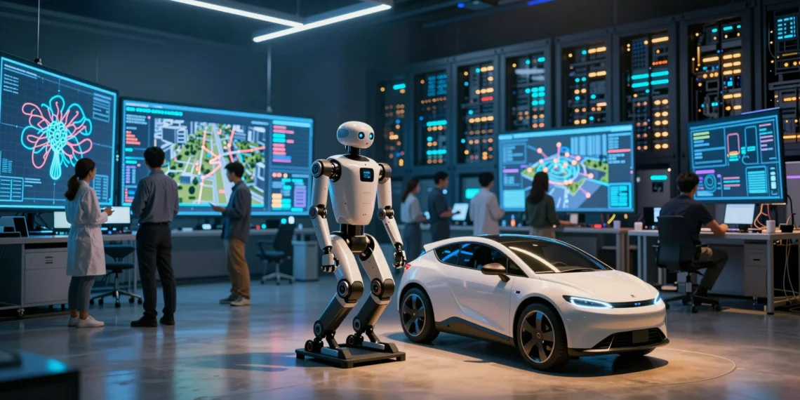 NVIDIA presenta en CVPR un sistema de agentes de IA capaz de automatizar el desarrollo completo de robots, vehículos autónomos y visión artificial 1 Robot autónomo y prototipo de vehículo sin conductor en laboratorio de IA con pantallas holográficas y redes neuronales