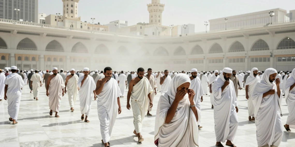 Cada vez quedan menos meses seguros para el Hajj, y el calor ya no respeta ni la primavera 1 Peregrinos musulmanes con ihram blanco en la plaza de la Gran Mezquita de La Meca bajo un sol abrasador durante el Hajj