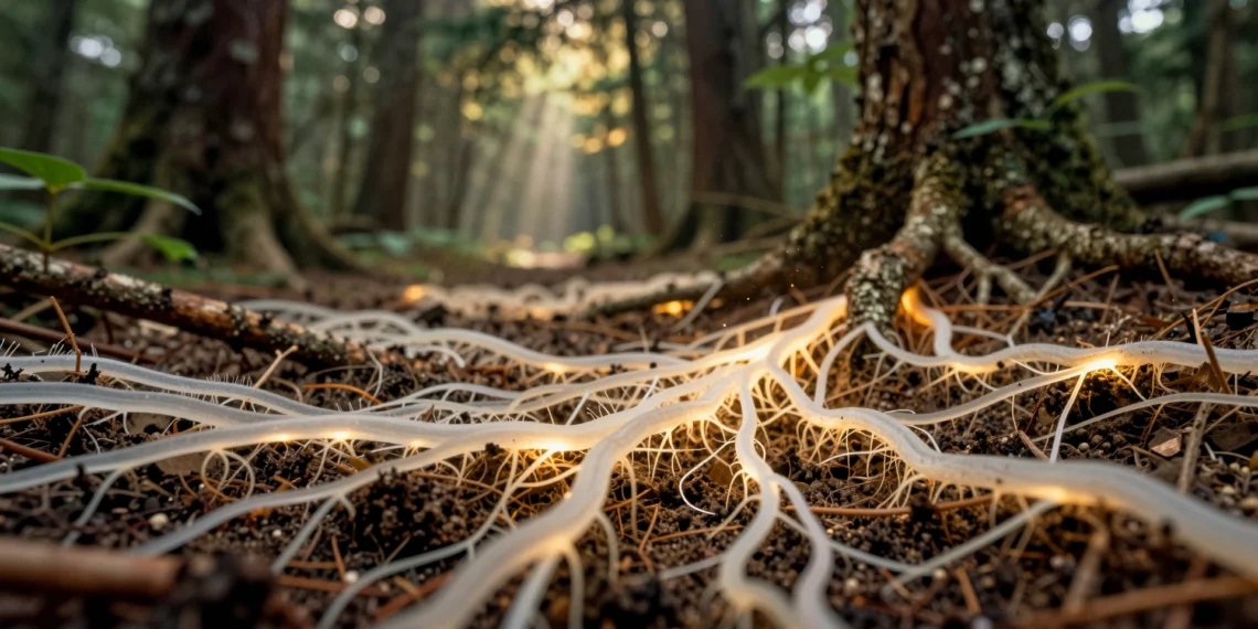 Bajo nuestros pies se extiende una red de hongos tan larga que superaría mil veces la distancia al sol, y acaba de ser cartografiada por primera vez 1 Red de hifas fúngicas blancas y luminosas entrelazadas en el suelo del bosque, conectando raíces de árboles bajo tierra
