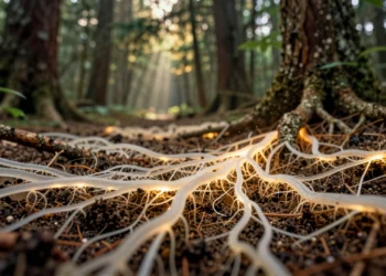 Bajo nuestros pies se extiende una red de hongos tan larga que superaría mil veces la distancia al sol, y acaba de ser cartografiada por primera vez 1 Red de hifas fúngicas blancas y luminosas entrelazadas en el suelo del bosque, conectando raíces de árboles bajo tierra
