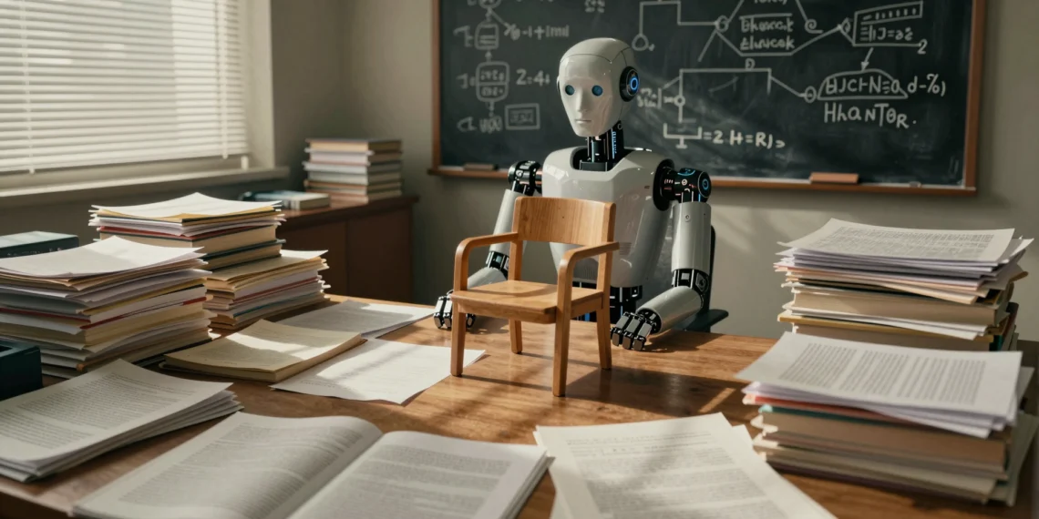 Los grandes modelos de lenguaje no entienden el mundo real, y la industria de la IA lleva tiempo buscando una salida 1 Robot humanoide ante un escritorio con libros y papeles, mirando una silla de madera sin comprender su realidad física