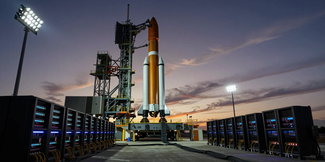 SpaceX está siguiendo el mismo camino financiero que transformó Micron en gigante del billón de dólares, pero a una escala sin precedentes 1 Cohete SpaceX Falcon 9 en la plataforma de lanzamiento al atardecer junto a servidores y cables de fibra óptica