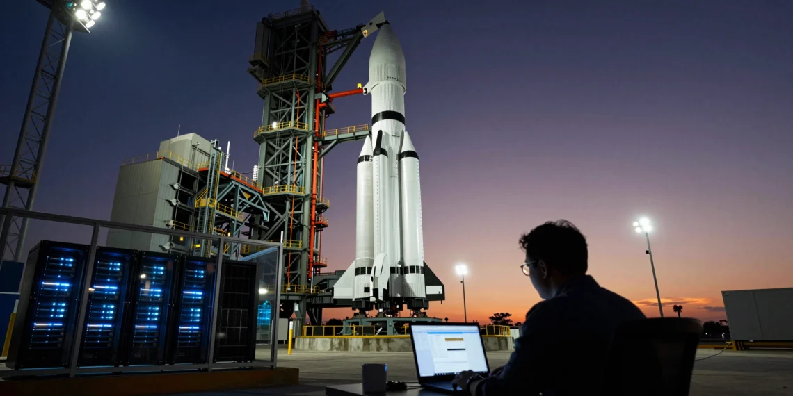 Un análisis de Morningstar valora SpaceX a la mitad de su IPO ignorando sus negocios más lucrativos 1 Analista financiero frente a un ordenador con gráficos, eclipsado por una enorme torre de lanzamiento de cohetes al atardecer
