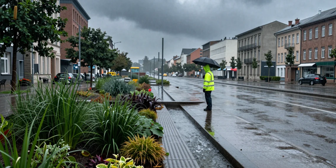 Ciudades esponja: la apuesta mundial para frenar las inundaciones urbanas llega a un punto crítico 1 Trabajador municipal observa un jardín de lluvia y pavimento permeable durante una tormenta urbana en Europa