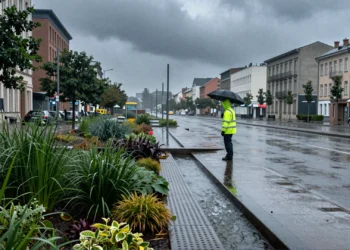 Ciudades esponja: la apuesta mundial para frenar las inundaciones urbanas llega a un punto crítico 7 Trabajador municipal observa un jardín de lluvia y pavimento permeable durante una tormenta urbana en Europa