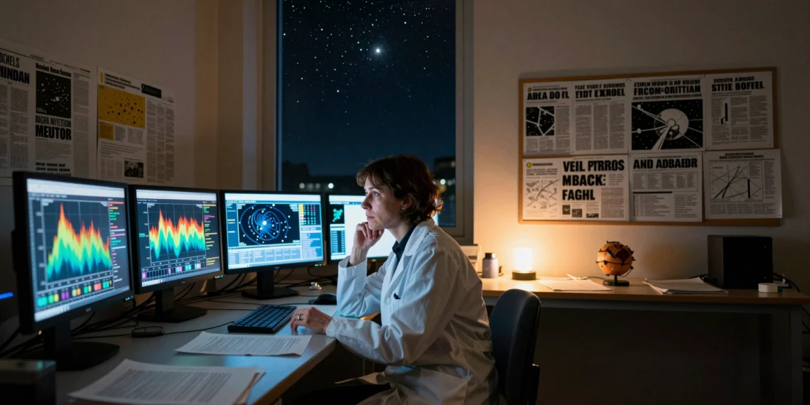 Dos grandes anuncios sobre vida alienígena sacudieron la ciencia en 2025 — lo que pensaban los expertos era muy distinto 1 Astrobióloga frente a monitores con datos espectrales de exoplanetas en un observatorio universitario nocturno