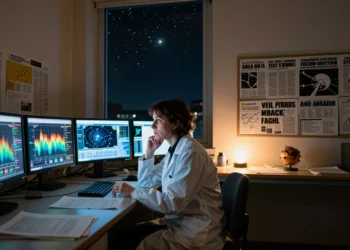 Dos grandes anuncios sobre vida alienígena sacudieron la ciencia en 2025 — lo que pensaban los expertos era muy distinto 2 Astrobióloga frente a monitores con datos espectrales de exoplanetas en un observatorio universitario nocturno