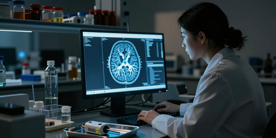 Los «marcapasos cerebrales» contra la depresión hacen algo que nadie esperaba encontrar dentro del cerebro 1 Neurocientífica examina escáner cerebral con vías neurales iluminadas junto a dispositivo de estimulación cerebral profunda
