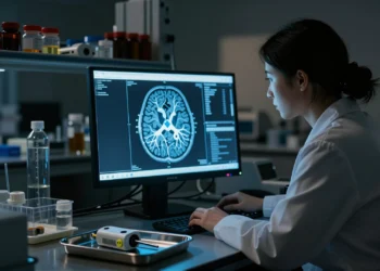 Los «marcapasos cerebrales» contra la depresión hacen algo que nadie esperaba encontrar dentro del cerebro 1 Neurocientífica examina escáner cerebral con vías neurales iluminadas junto a dispositivo de estimulación cerebral profunda