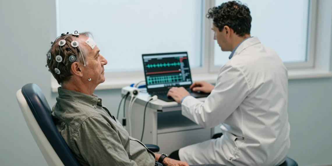 Una técnica eléctrica sin cirugía alcanza lo más profundo del cerebro y alivia los temblores del Parkinson durante más de una hora 1 Paciente con electrodos en el cuero cabelludo recibe estimulación cerebral no invasiva para el Parkinson