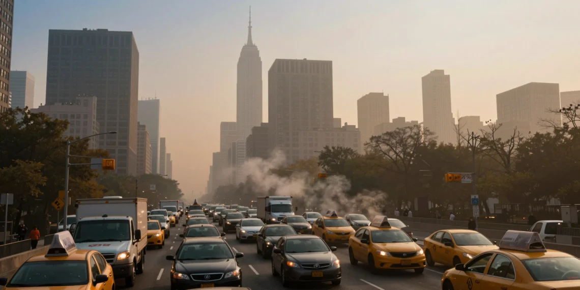 Cada hora del día, un satélite de la NASA captura cómo el aire de Nueva York se envenena y se recupera ante los ojos de los científicos 1 Atasco de tráfico en autopista urbana de Nueva York al amanecer con neblina marrón de contaminación sobre el horizonte