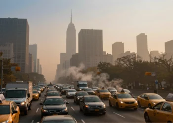 Cada hora del día, un satélite de la NASA captura cómo el aire de Nueva York se envenena y se recupera ante los ojos de los científicos 6 Atasco de tráfico en autopista urbana de Nueva York al amanecer con neblina marrón de contaminación sobre el horizonte