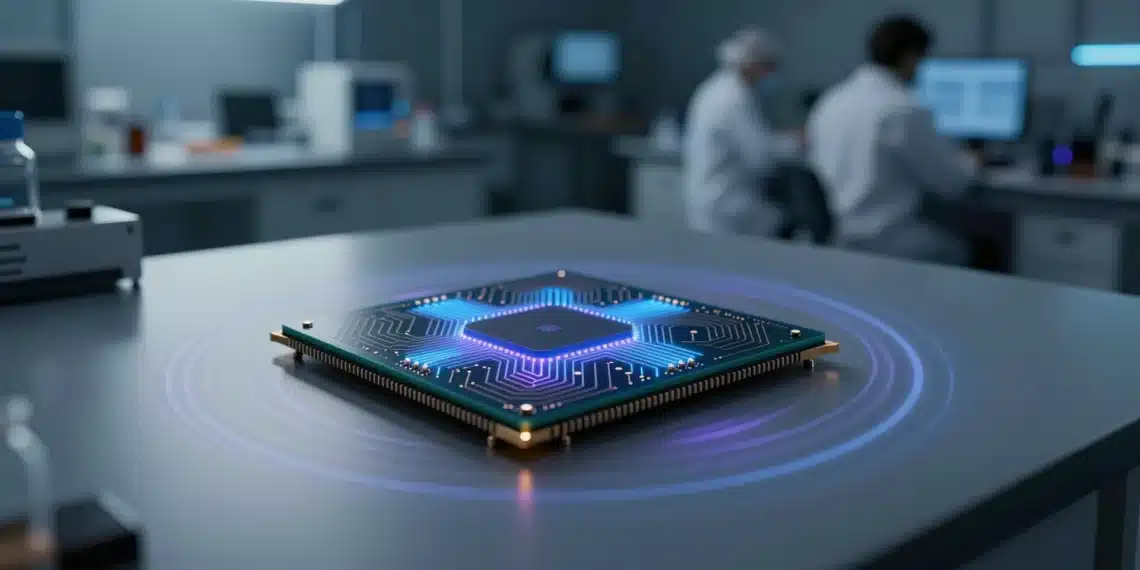 El chip cuántico de Microsoft que mantiene sus qubits activos durante un minuto entero despierta tanto asombro como escepticismo en la comunidad científica 1 Chip cuántico de Microsoft con luminiscencia azul y violeta sobre superficie de laboratorio estéril