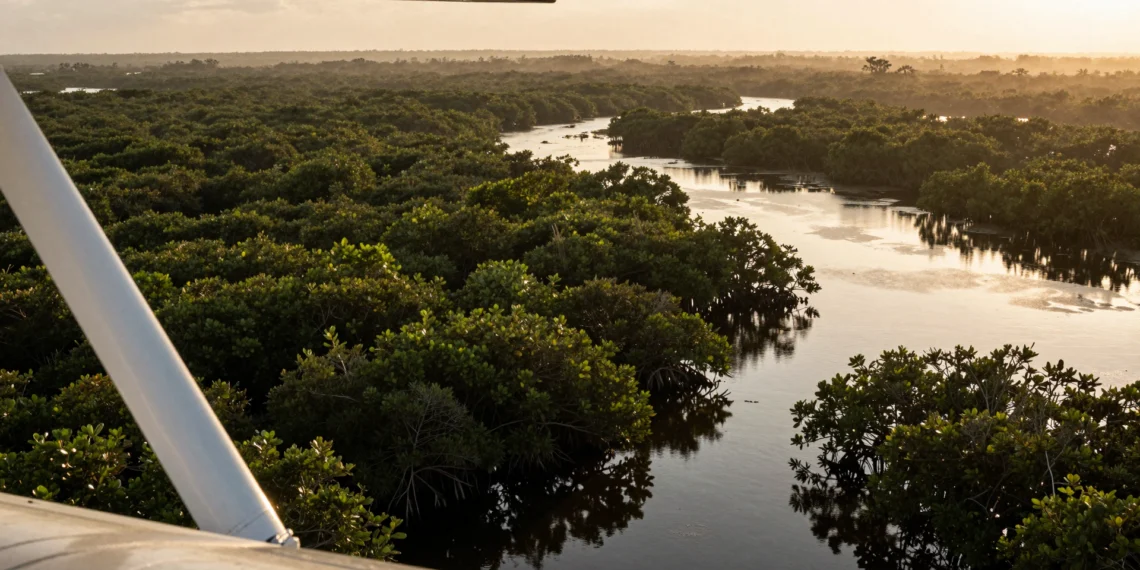 Científicos de la NASA descubren que los huracanes convierten los manglares de Florida en emisores netos de carbono 1 Vista aérea de manglares inundados de los Everglades de Florida fotografiada desde avión de la NASA