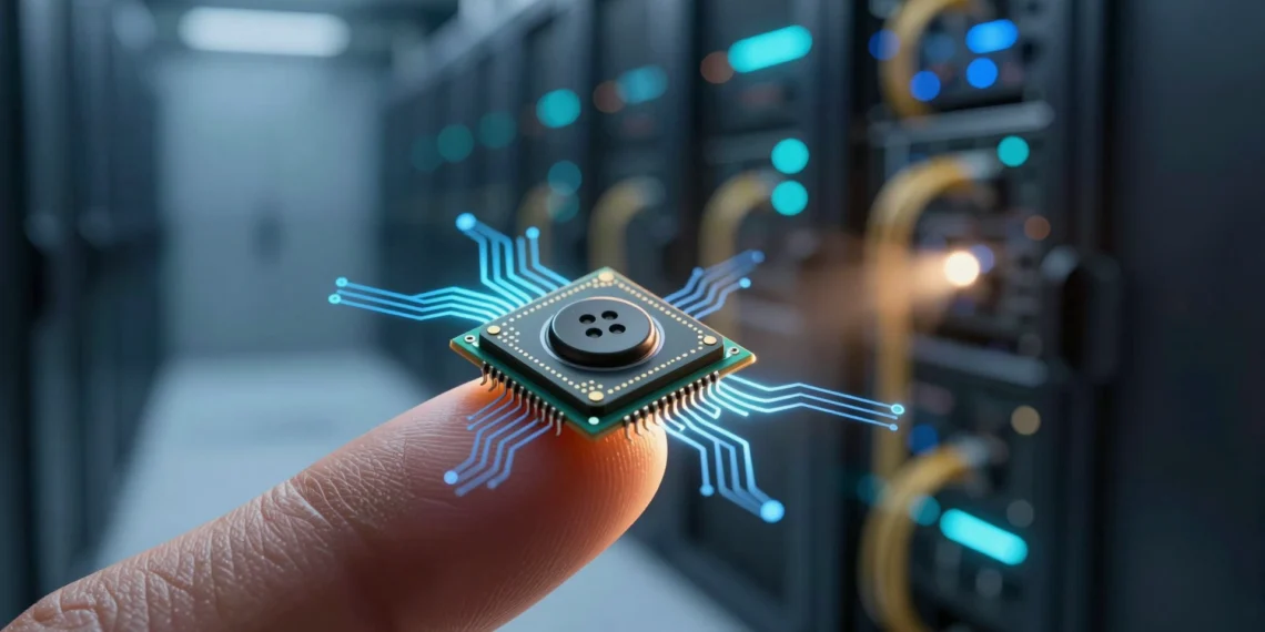 Investigadores japoneses superan los 100 Gbps en el espectro terahercio y abren una nueva vía hacia las redes 6G 1 Microchip terahercio de 5 mm sobre una yema de dedo con ondas azules brillantes, representando la tecnología 6G