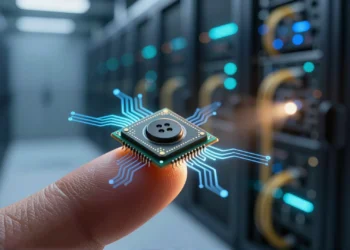 Investigadores japoneses superan los 100 Gbps en el espectro terahercio y abren una nueva vía hacia las redes 6G 6 Microchip terahercio de 5 mm sobre una yema de dedo con ondas azules brillantes, representando la tecnología 6G