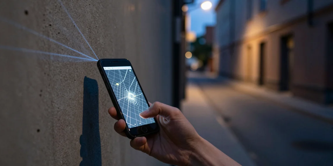 Ver lo que está a la vuelta de la esquina ya es posible con el lidar de un smartphone corriente 1 Smartphone con lidar apuntando a una esquina urbana de hormigón para detectar una figura oculta al anochecer
