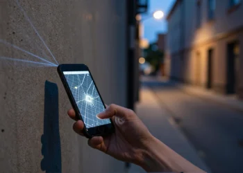 Ver lo que está a la vuelta de la esquina ya es posible con el lidar de un smartphone corriente 4 Smartphone con lidar apuntando a una esquina urbana de hormigón para detectar una figura oculta al anochecer