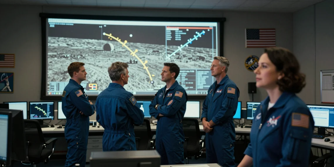 Artemis 3 elige una tripulación de cuatro hombres y desata un debate sobre diversidad en la exploración lunar 1 Cuatro astronautas de la NASA estudian el mapa lunar de Artemis 3 mientras una mujer observa reflexiva en segundo plano.