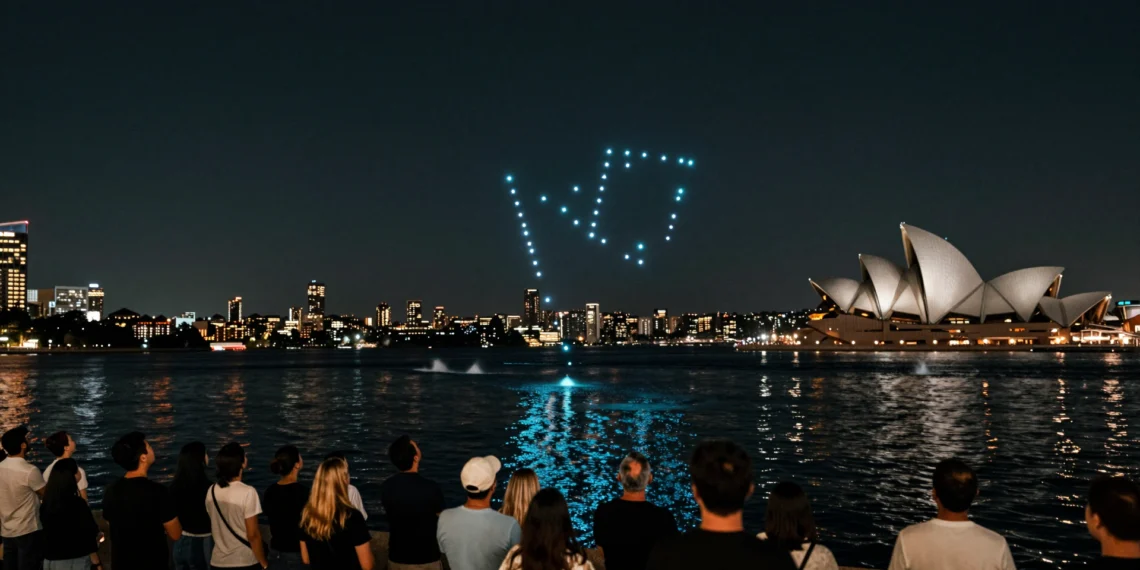 Casi 90 drones cayeron al mar durante un festival en Sídney y nadie salió herido: lo que ese fallo revela sobre el futuro del transporte autónomo 1 Decenas de drones caen al mar en el puerto de Sídney durante un festival nocturno ante una multitud de espectadores