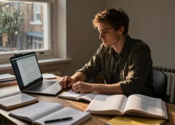 Un tutor de matemáticas en Londres usa IA para gestionar su negocio — y lo que descubrió puede cambiar cómo trabajan los autónomos 2 Tutor de matemáticas en Londres trabajando en su escritorio con libros, apuntes y un portátil con herramientas de IA