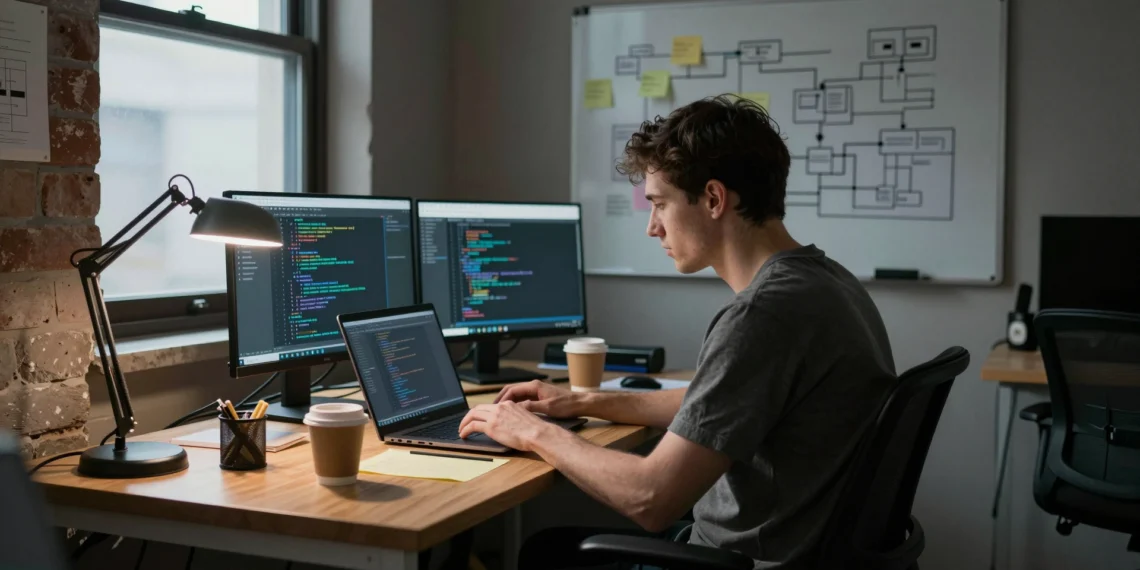 Solo el 0,6 % de los ingenieros trabaja en Google o Amazon: la hoja de ruta que nadie te cuenta para crecer en tecnología 1 Ingeniero de software trabajando solo en una pequeña oficina startup, frente a un portátil con código