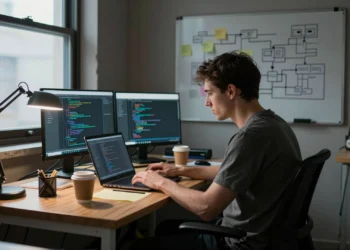 Solo el 0,6 % de los ingenieros trabaja en Google o Amazon: la hoja de ruta que nadie te cuenta para crecer en tecnología 6 Ingeniero de software trabajando solo en una pequeña oficina startup, frente a un portátil con código