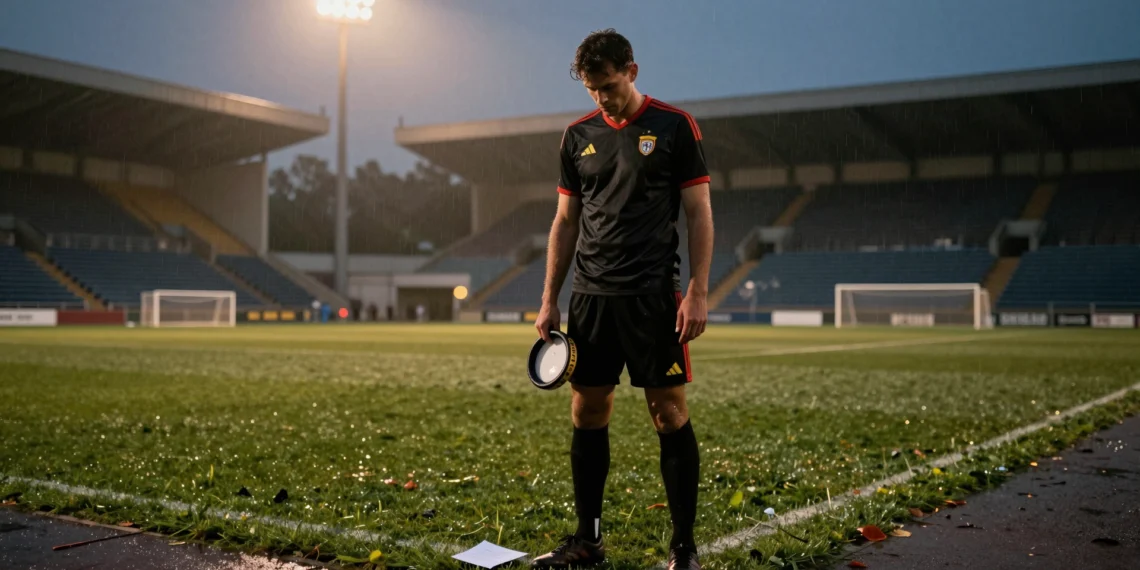 Rute Cardoso le escribe a Robertson antes del Mundial: "Llevarás contigo también su sueño" 1 Capitán de fútbol con el brazalete en la mano bajo las luces del estadio, con una carta en el césped mojado al anochecer