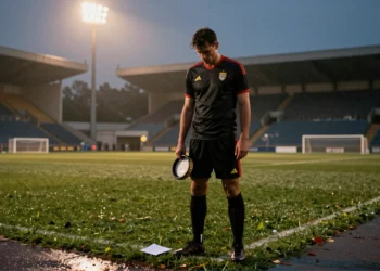 Capitán de fútbol con el brazalete en la mano bajo las luces del estadio, con una carta en el césped mojado al anochecer
