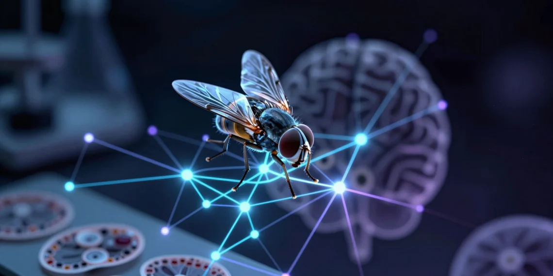 Científicos cartografían cada neurona de una mosca y descubren que el cerebro no manda solo 1 Mosca de la fruta Drosophila con red neuronal brillante que representa el mapa completo de su conectoma cerebral