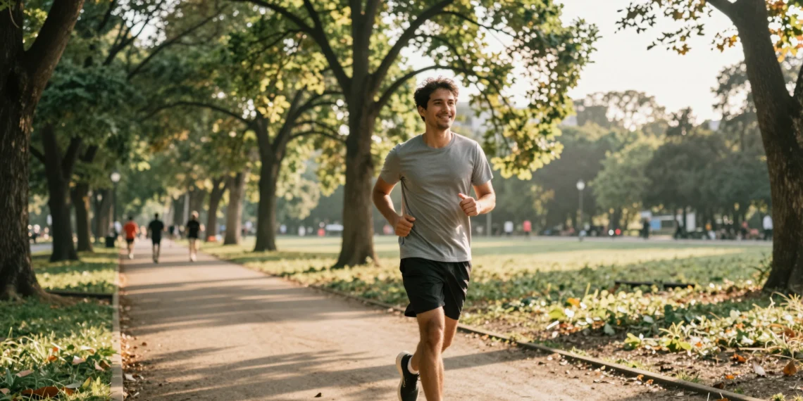 Ejercitarse al aire libre mejora el estado de ánimo y reduce el estrés de formas que ningún gimnasio puede replicar 1 Hombre trotando por un sendero de parque urbano al amanecer, rodeado de árboles verdes y luz dorada natural