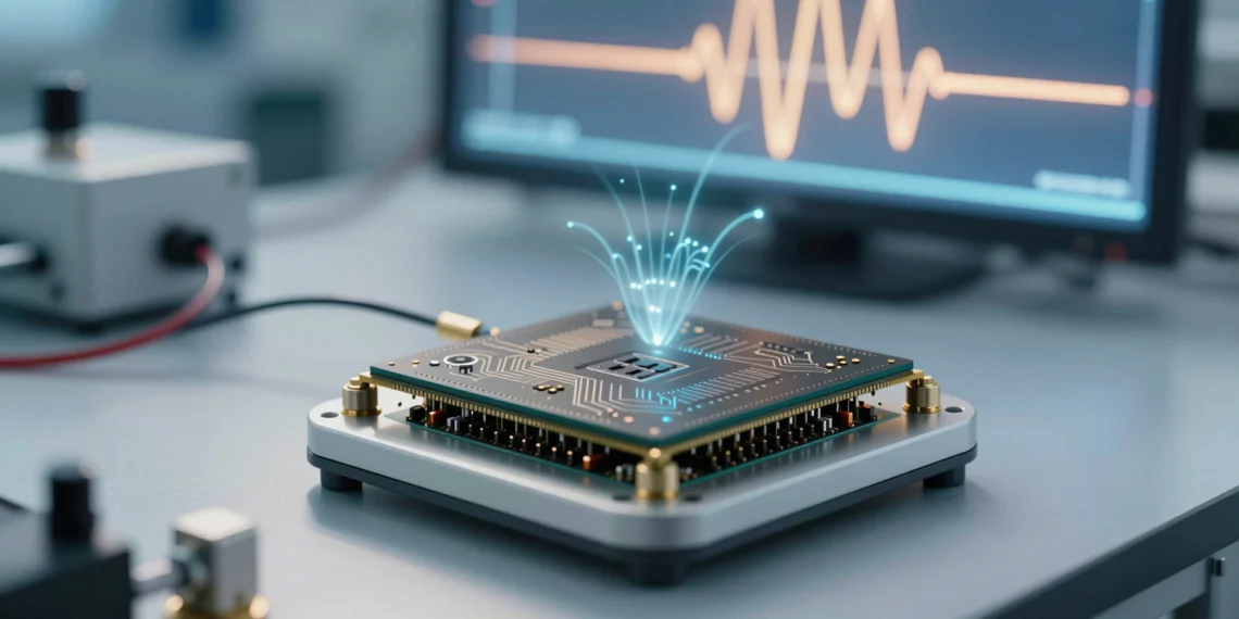 Un detector cuántico desarrollado en Cambridge multiplica por veinte la eficiencia de captura de radiación terahertz 1 Detector cuántico de radiación terahertz sobre mesa de laboratorio en Cambridge con chip semiconductor e instrumentos ópticos