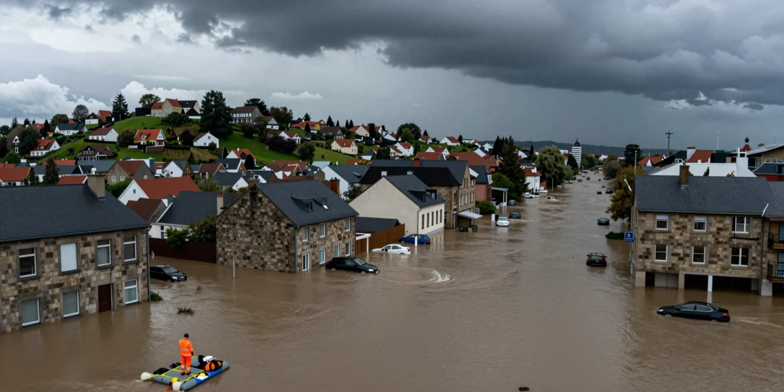 Europa lleva cuatro décadas acumulando daños climáticos por 822.000 millones de euros, pero su adaptación avanza a dos velocidades 1 Ciudad europea inundada con trabajador de emergencias en balsa, reflejando los daños climáticos de 822.000 millones en Europa