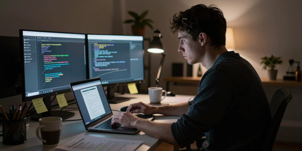 Candidatos con IA, empresas con IA: la trampa silenciosa que está rediseñando las entrevistas técnicas de trabajo 1 Ingeniero de software en entrevista de trabajo remota frente a un portátil con luz azul, rodeado de notas y currículums