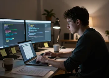 Candidatos con IA, empresas con IA: la trampa silenciosa que está rediseñando las entrevistas técnicas de trabajo 8 Ingeniero de software en entrevista de trabajo remota frente a un portátil con luz azul, rodeado de notas y currículums