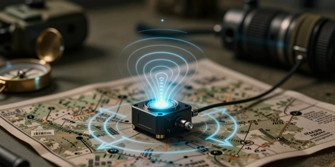 Un sensor cuántico del tamaño de un clip puede rastrear señales de radio en 3D sin necesidad de múltiples antenas 1 Sensor cuántico del tamaño de un clip emitiendo ondas electromagnéticas en 3D sobre un mapa táctico militar