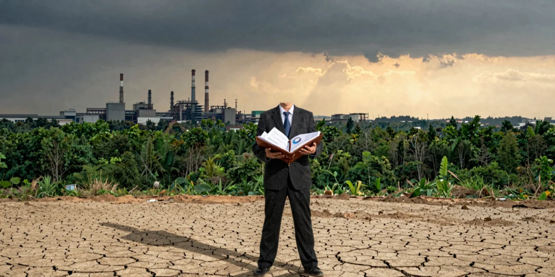 Medio ambiente y sostenibilidad: de principio ético a exigencia económica que ningún sector puede ignorar 1 Empresario ante tierra árida con bosque e industria al fondo bajo cielo entre tormenta y amanecer dorado