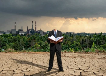 Empresario ante tierra árida con bosque e industria al fondo bajo cielo entre tormenta y amanecer dorado