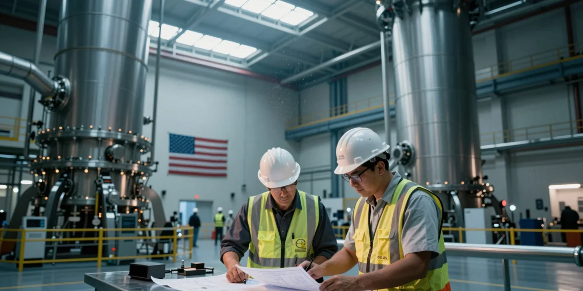 Cinco estados de EE. UU. compiten por albergar los nuevos campus que quieren relanzar toda la industria nuclear del país 1 Ingenieros revisan planos en instalación nuclear moderna de EE. UU. con reactores y tuberías industriales